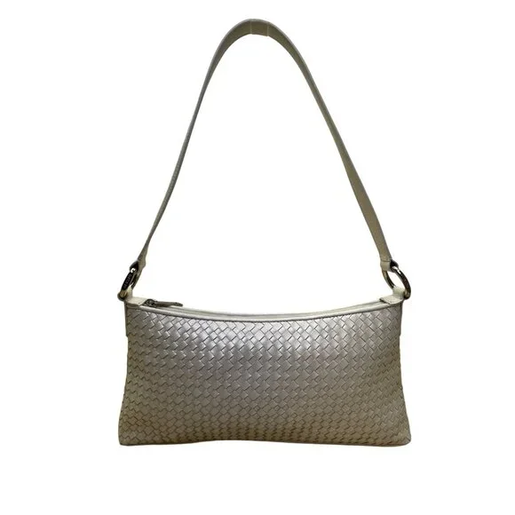 Alfani Womens White Leather Woven Zip Closure Designer Handle Shoulder Bag - Picture 2 of 14
